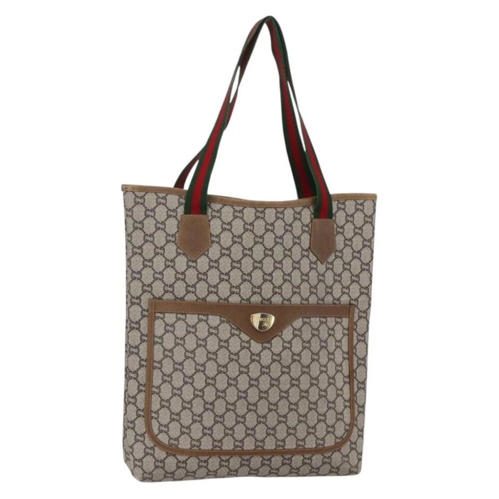 GUCCI GG Plus Supreme Web Sherry Line Tote Bag PVC Beige Red Green
